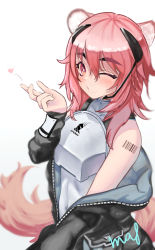 Rule 34 | 1girl, animal ears, arknights, armor, barcode, barcode tattoo, black jacket, blowing kiss, blurry, blush, bodysuit, breastplate, commentary, covered navel, depth of field, earpiece, female focus, gravel (arknights), hair between eyes, heart, highres, jacket, looking at viewer, medium hair, mouse ears, off shoulder, one eye closed, open clothes, open jacket, pink eyes, pink hair, puckered lips, simple background, skin tight, smile, solo, tail, tattoo, thick eyebrows, unzipped, wanko (realsight), white background