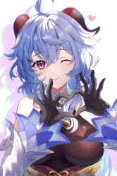 Rule 34 | 1girl, ;), ahoge, bare shoulders, black gloves, blue hair, bodystocking, breasts, detached sleeves, ganyu (genshin impact), genshin impact, gloves, heart, heart hands, highres, horns, large breasts, long hair, long sleeves, looking at viewer, one eye closed, purple eyes, smile, solo, upper body, wanatsu 15, white background