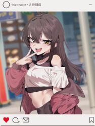 1girl black_hair blurry breasts commentary_request crop_top depth_of_field fake_screenshot highres idolmaster idolmaster_cinderella_girls jacket kazuta1000 long_hair matoba_risa navel open_clothes open_jacket open_mouth single_bare_shoulder small_breasts smile solo v yellow_eyes