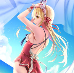 Rule 34 | 1girl, backless dress, backless outfit, blonde hair, blue sky, closed mouth, cloud, dress, dutch angle, floating hair, from side, hair between eyes, hair ribbon, long hair, looking to the side, ocean, outdoors, profile, red dress, red ribbon, ribbon, sea scorpion (umisasori), short dress, shoulder blades, sky, sleeveless, sleeveless dress, solo, summer, touhou, touhou (pc-98), very long hair, white ribbon, wrist cuffs, yellow eyes, yumeko (touhou)