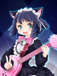 Rule 34 | 10s, 1girl, animal ears, bad id, bad pixiv id, bell, black dress, black hair, bow, cat ears, curly hair, cyan (show by rock!!), dress, fangs, gothic lolita, green eyes, guitar, highres, holding, holding instrument, hoono yurumu, instrument, jingle bell, lolita fashion, long sleeves, looking at viewer, maid headdress, open mouth, pink bow, ringlets, short hair, show by rock!!, smile, solo, v