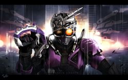 Rule 34 | 1boy, armor, artist name, cable, character name, city, commentary, compound eyes, gun, highres, holding, holding gun, holding weapon, kamen rider, kamen rider drive (series), letterboxed, male focus, mashin chaser, orange eyes, shoulder pads, signature, solo, tokusatsu, twai, upper body, weapon