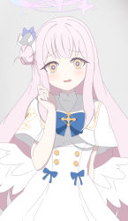 Rule 34 | 1girl, absurdres, angel wings, blue archive, blue bow, blush, bow, capelet, dress, feathered wings, flower, hair flower, hair ornament, halo, highres, kuroha uma, mika (blue archive), pink hair, simple background, solo, white dress, wings, yellow eyes