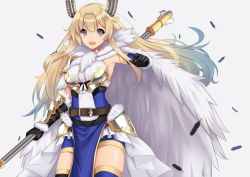 Rule 34 | 1girl, absurdres, allenes, belt, bible bullet, black gloves, blonde hair, blue eyes, blue skirt, blush, breasts, feathers, gloves, hairband, highres, large breasts, long hair, looking at viewer, open mouth, skirt, smile, solo