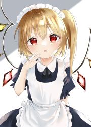 Rule 34 | 1girl, :o, alternate costume, apron, arm behind back, arm up, black dress, black ribbon, blonde hair, commentary, dress, enmaided, flandre scarlet, grey background, hand on own face, head tilt, highres, kamachi (kamati0maru), looking at viewer, maid, maid apron, maid headdress, neck ribbon, one side up, puffy short sleeves, puffy sleeves, red eyes, ribbon, short hair, short sleeves, solo, standing, touhou, two-tone background, upper body, white background, wings