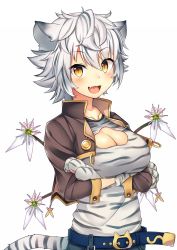 Rule 34 | 1girl, animal ears, animal hands, animal print, blush, breasts, cleavage, cleavage cutout, clothing cutout, fang, flower knight girl, gloves, highres, kida kuro mu, large breasts, looking at viewer, open mouth, paw gloves, short hair, silver hair, simple background, slit pupils, smile, solo, tail, tiger ears, tiger print, tiger tail, yellow eyes, yukinoshita (flower knight girl)