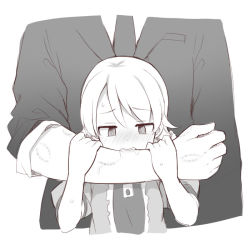 Rule 34 | 1boy, 1girl, @ @, bad id, bad twitter id, bite mark, biting, biting arm, blush, breasts, business suit, commentary request, dress, formal, greyscale, hands on another&#039;s arm, height difference, idolmaster, idolmaster cinderella girls, medium hair, monochrome, morikubo nono, necktie, producer (idolmaster), puffy short sleeves, puffy sleeves, short sleeves, sleeves rolled up, small breasts, suit, teeth, uccow