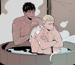 Rule 34 | 2boys, aged up, bath, bathing, black hair, blonde hair, brown background, closed eyes, closed mouth, completely nude, crossed arms, daki info, dark-skinned male, dark skin, dungeon meshi, facing another, highres, holding, holding towel, kabru, knees up, laios touden, male focus, multiple boys, nipples, nude, open mouth, partially submerged, same-sex bathing, scar, scar on arm, scar on chest, scar on shoulder, shared bathing, short hair, sitting, soap, steam, towel, very short hair, washing another, washing back, water, wet, yellow eyes