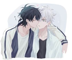 Rule 34 | 2boys, arm on another&#039;s shoulder, black hair, black jacket, black shirt, blue eyes, cheng xiaoshi, closed mouth, commentary request, closed eyes, heart, highres, jacket, looking at another, lu guang, male focus, mr yheu, multiple boys, open clothes, open jacket, open mouth, open shirt, ponytail, shiguang dailiren, shirt, short hair, simple background, white background, white hair, white jacket, white shirt, yaoi