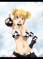 Rule 34 | 1girl, animal print, bell, belt, bikini, bikini top only, blonde hair, breasts, brown eyes, cleavage, collar, cow print, cowbell, cowboy shot, double bun, fairy tail, female focus, gaston18, gloves, hair between eyes, hair bun, highres, large breasts, letterboxed, lucy heartfilia, midriff, navel, neck bell, open mouth, pointing, revealing clothes, solo, standing, stomach, swimsuit
