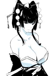 Rule 34 | 1girl, bad id, bad pixiv id, bare shoulders, black hair, blunt bangs, breasts, cleavage, dead or alive, dead or alive 5, greyscale, highres, large breasts, monochrome, nyotengu, simple background, solo, white background