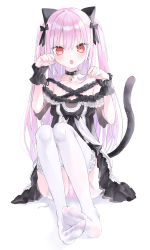 Rule 34 | 1girl, :o, absurdres, animal collar, animal ears, bad id, bad pixiv id, bare shoulders, bell, black dress, cat ears, cat girl, collar, collarbone, dress, fang, flat chest, frilled dress, frilled straps, frilled thighhighs, frills, full body, garter straps, gothic lolita, hair ribbon, highres, hololive, jingle bell, lolita fashion, long hair, looking at viewer, mashiro shiki, neck bell, no shoes, off-shoulder dress, off shoulder, open mouth, panties, pantyshot, paw pose, pink hair, raised eyebrows, red eyes, ribbon, see-through, see-through sleeves, short dress, short sleeves, simple background, sitting, soles, solo, thighhighs, two side up, underwear, uruha rushia, uruha rushia (3rd costume), virtual youtuber, white background, white thighhighs, wristband