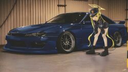 Rule 34 | 1girl, black footwear, black hat, black jacket, blue archive, blue car, boots, bottomless, car, green hair, halo, hands on own knees, hat, nozomi (blue archive), highres, jacket, leaning forward, long hair, motor vehicle, nissan, nissan s14 silvia, nissan silvia, nougat (73r1r1), open mouth, orange eyes, pointy ears, smile, solo, spoiler (automobile), stance (vehicle), vehicle focus, very long hair