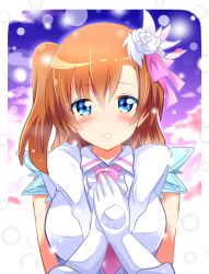 Rule 34 | 10s, 1girl, asymmetrical hair, bad id, bad pixiv id, blue eyes, brown hair, flower, gloves, hair flower, hair ornament, hands on own chest, highres, kosaka honoka, long hair, looking at viewer, love live!, love live! school idol project, parted lips, shinekalta, side ponytail, snow halation, snowing, solo, winter clothes
