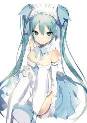 Rule 34 | 1girl, alternate costume, asymmetrical gloves, bare shoulders, blue bow, blue eyes, blue hair, blush, bow, breasts, cleavage, detached collar, dress, frills, gloves, hair between eyes, hair bow, hatsune miku, long hair, looking at viewer, lpip, maid headdress, matching hair/eyes, shoes, simple background, sitting, smile, solo, strapless, strapless dress, thighhighs, twintails, uneven gloves, upskirt, very long hair, vocaloid, white background, white gloves, white thighhighs