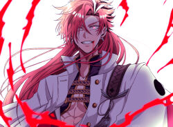 Rule 34 | 1boy, blood, blood from mouth, earrings, eyebrow cut, fate/grand order, fate (series), hair over one eye, highres, hk side2, jacket, jewelry, long hair, looking at viewer, male focus, multicolored hair, nagatekkou, pectoral cleavage, pectorals, red eyes, red hair, simple background, smile, solo, streaked hair, takasugi shinsaku (fate), underpec, upper body, white background, white hair, white jacket