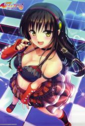 Rule 34 | 10s, 1girl, absurdres, black hair, breasts, checkered floor, cleavage, collarbone, detached sleeves, fingerless gloves, gloves, highres, huge filesize, kotegawa yui, long hair, looking at viewer, midriff, navel, open mouth, red gloves, red skirt, skirt, solo, to love-ru, to love-ru darkness, yabuki kentarou, yellow eyes