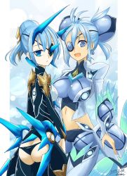 Rule 34 | 2girls, armor, ass, blue eyes, blue hair, blush, breasts, dark skin, dark-skinned female, eyepatch, hair ornament, highres, hisin, large breasts, long hair, looking at viewer, multiple girls, nintendo, open mouth, pauldrons, polearm, praxis (xenoblade), short hair, shoulder armor, siblings, simple background, sisters, smile, theory (xenoblade), weapon, white background, xenoblade chronicles (series), xenoblade chronicles 2, xenoblade chronicles (series), xenoblade chronicles 2