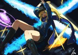 Rule 34 | 1girl, ahoge, artoria pendragon (fate), baseball cap, black footwear, blonde hair, blue jacket, blue scarf, boots, commentary, fate/grand order, fate (series), feet out of frame, green eyes, hat, holding, holding sword, holding weapon, jacket, lansane, long sleeves, mysterious heroine x (fate), open mouth, ponytail, scarf, signature, solo, sword, weapon, wristband