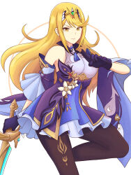 Rule 34 | 1girl, absurdres, bare shoulders, black pantyhose, blonde hair, breasts, closed mouth, commentary, cosplay, detached sleeves, dress, frilled dress, frilled sleeves, frills, genshin impact, highres, holding, holding sword, holding weapon, keqing (genshin impact), keqing (genshin impact) (cosplay), knee up, light smile, long hair, looking at viewer, medium breasts, mythra (xenoblade), pantyhose, purple dress, short dress, short sleeves, solo, swept bangs, sword, tiara, truejekart, weapon, white background, wide sleeves, xenoblade chronicles (series), xenoblade chronicles 2, yellow eyes