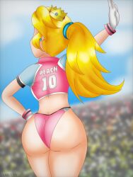 1girl artist_name ass ass_focus back blonde_hair crown earrings female_focus from_behind gloves hand_on_own_hip highres jewelry long_hair looking_afar mario_(series) mario_strikers_(series) midriff nintendo outstretched_arm pink_shirt pink_shorts ponytail princess_peach shirt short_shorts short_sleeves shorts soccer_uniform solo sportswear standing super_mario_strikers thighs two-tone_shirt white_gloves wide_hips