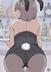 Rule 34 | 1girl, absurdres, alcohol, animal ears, ass, bad arm, bar (place), bare shoulders, black leotard, bob cut, bottle, brown hair, cocktail glass, cup, dated, drinking glass, fake animal ears, hadashi no kenji, highres, indoors, leaning forward, leotard, looking back, original, pantyhose, playboy bunny, standing, thigh gap, wine bottle