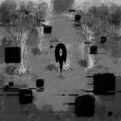 forest greyscale monochrome nature no_humans omori outdoors something_(omori) spoilers sun_iiinu tree tree_stump