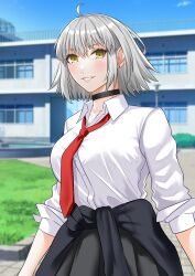 Rule 34 | 1girl, absurdres, ahoge, black skirt, breasts, choker, collared shirt, fate/grand order, fate (series), grey hair, grin, highres, jeanne d&#039;arc alter (avenger) (fate), jeanne d&#039;arc alter (fate), large breasts, looking at viewer, necktie, shirt, short hair, skirt, sleeves rolled up, smile, solo, tomotomow00w, white shirt, yellow eyes