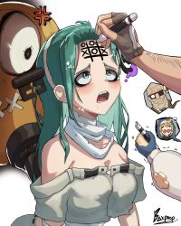 Rule 34 | 1girl, 2boys, ?, a.b.a, absurdres, anger vein, bandaged neck, bandages, bare shoulders, blush, breasts, bridget (guilty gear), cleavage, commentary, cropped jacket, drooling, forehead, forehead writing, goldlewis dickinson, green eyes, green hair, grey jacket, guilty gear, guilty gear strive, hairband, highres, holding, holding marker, jacket, key in head, long hair, marker, multiple boys, object through head, off-shoulder jacket, off shoulder, open mouth, paracelsus (guilty gear), poopman, sparkle, teeth, tic-tac-toe, trembling, white hairband