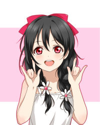 Rule 34 | 10s, 1girl, \m/, alternate hairstyle, black hair, bow, braid, clouble, daisy, facing viewer, flower, hair bow, hair flower, hair ornament, hands up, highres, lips, looking at viewer, love live!, love live! school idol project, nico nico nii, open mouth, red bow, shirt, simple background, solo, strap, twin braids, white shirt, yazawa nico