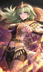 Rule 34 | 1girl, absurdres, armlet, breasts, brown pantyhose, byleth (female) (fire emblem), byleth (fire emblem), clothing cutout, commentary, enlightened byleth (female), fire, fire emblem, fire emblem: three houses, fire emblem heroes, gonzarez, green eyes, green hair, highres, holding, holding sword, holding weapon, intelligent systems, large breasts, looking at viewer, navel, navel cutout, nintendo, official alternate costume, pantyhose, pantyhose under shorts, parted lips, print pantyhose, shorts, solo, sword, tiara, weapon, whip sword