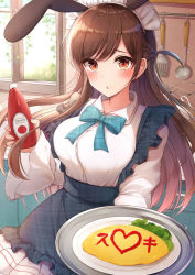 Rule 34 | 1girl, absurdres, alternate costume, animal ears, apron, blue apron, blush, bow, bowtie, braid, breasts, brown eyes, brown hair, collared shirt, commentary request, cooking, cowboy shot, day, dress, dress shirt, enmaided, fake animal ears, food, half updo, hands up, heart, highres, holding, holding plate, holding tray, indoors, kanojo okarishimasu, ketchup, ketchup bottle, kitchen, large breasts, long hair, long sleeves, looking at viewer, maid, maid headdress, medium breasts, mizuhara chizuru, omelet, omurice, parted lips, plaid, plaid apron, plate, pleated skirt, rabbit ears, red eyes, shirt, skirt, sleeves past wrists, solo, spatula, striped bow, striped bowtie, striped clothes, striped neckwear, sunlight, swept bangs, translation request, tray, unmoving pattern, very long hair, white shirt, white skirt, wide sleeves, window, wing collar, yukiunag1