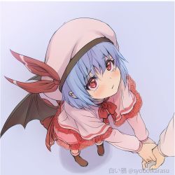 Rule 34 | 1boy, 1girl, :/, adapted costume, bat wings, blue hair, blush, closed mouth, foreshortening, from above, hat, holding hands, pigeon-toed, pov, remilia scarlet, shiroi karasu, short hair, solo focus, touhou, wings