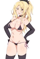 Rule 34 | 1girl, bikini, black bikini, blonde hair, blush, breasts, choker, christina (princess connect!), cleavage, collarbone, covered erect nipples, elbow gloves, gloves, highres, large breasts, long hair, looking at viewer, micro bikini, navel, open mouth, ponytail, princess connect!, seihekiog, simple background, solo, swimsuit, thighhighs, white background, yellow eyes