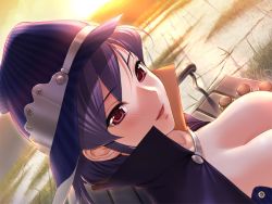 Rule 34 | 1girl, bench, blush, breasts, cleavage, game cg, hat, hitotsukane yuuko olivia, huge breasts, majodou, midriff, open mouth, outdoors, purple hair, red eyes, sano toshihide, sitting, smile, solo