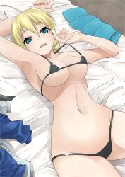 Rule 34 | 1girl, adjusting clothes, adjusting swimsuit, arm up, bed sheet, bikini, black bikini, blonde hair, blue eyes, braid, breasts, unworn clothes, commentary request, darjeeling (girls und panzer), girls und panzer, highres, kakimoto nao, large breasts, looking at viewer, lying, micro bikini, navel, on back, on bed, open mouth, partial commentary, short hair, solo, string bikini, swimsuit