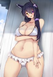 Rule 34 | 10s, 1girl, alternate hair length, alternate hairstyle, bikini, breast hold, breasts, cleavage, collarbone, eyepatch, hair ornament, hair scrunchie, headgear, highres, jewelry, kantai collection, large breasts, long hair, looking at viewer, looking down, navel, open mouth, purple hair, ring, scrunchie, solo, stomach, swimsuit, tenryuu (kancolle), yellow eyes, yuzumiya mono