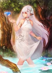 Rule 34 | 1girl, armlet, bird, bracelet, clothes lift, dress, dress lift, elf, flower, forest, hair ornament, jewelry, leaf, long hair, lots of jewelry, lotus, nature, original, pointy ears, red eyes, silver hair, sleeveless, soaking feet, solo, tree, wading, water, white dress, yaoya musuko