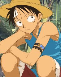Rule 34 | 1boy, armlet, bandaid, bandaid on face, bandaid on forehead, bare shoulders, black eyes, black hair, blue skirt, closed mouth, commentary request, elbow rest, facial scar, hand on own cheek, hand on own face, hat, highres, leaf, looking to the side, male focus, monkey d. luffy, one piece, outdoors, plant, red shorts, scar, scar on cheek, scar on face, shirt, shorts, skirt, sleeveless, sleeveless shirt, solo, straw hat, urasanmyaku