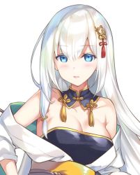 Rule 34 | 1girl, blue eyes, blush, breasts, cleavage, detached collar, hair ornament, large breasts, long hair, looking at viewer, off shoulder, original, parted lips, rei (rei&#039;s room), simple background, smile, solo, tassel, white background, white hair