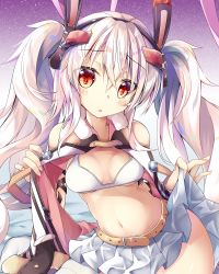 Rule 34 | 1girl, alternate breast size, animal ears, azur lane, bad id, bad pixiv id, bikini, bikini top only, bikini under clothes, commentary request, fake animal ears, highres, laffey (azur lane), laffey (retrofit) (azur lane), long hair, looking at viewer, mitsuhamochi, navel, parted lips, rabbit ears, remodel (azur lane), silver hair, skirt, skirt hold, solo, stomach, swimsuit, twintails, white bikini, white skirt