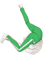 Rule 34 | 1girl, ass, breasts, easy (aqk7bdqt), elf-san wa yaserarenai., elfuda (elf-san wa yaserarenai.), green pants, large breasts, legs up, lying, on back, pants, pointy ears, shirt, short sleeves, simple background, socks, solo, t-shirt, top-down bottom-up, track pants, white background, white shirt, white socks