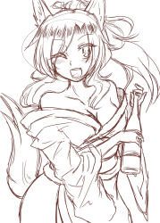 Rule 34 | 1girl, :d, absurdres, alcohol, alternate costume, animal ears, bad proportions, bare shoulders, bottle, breasts, cleavage, collarbone, eko (yu-shao-eko), fang, highres, imaizumi kagerou, japanese clothes, kimono, large breasts, long hair, looking at viewer, monochrome, obi, one eye closed, open mouth, poorly drawn, sake, sake bottle, sash, sketch, smile, solo, tail, team shanghai alice, touhou, wardrobe malfunction, wolf ears, wolf tail