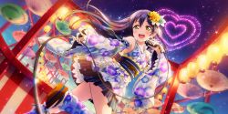 Rule 34 | 1girl, aerial fireworks, artist request, bare shoulders, blue hair, blush, detached sleeves, festival, fireworks, floral print, flower, frilled sleeves, frills, hair flower, hair ornament, heart, highres, holding, holding microphone, japanese clothes, lantern, long hair, looking at viewer, love live!, love live! school idol festival, love live! school idol festival all stars, love live! school idol project, microphone, music, night, obi, official art, oil-paper umbrella, outdoors, paper lantern, pleated skirt, sandals, sash, singing, skirt, sky, smile, solo, sonoda umi, star (sky), starry sky, summer festival, umbrella, wide sleeves, yellow eyes