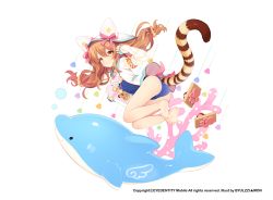 Rule 34 | 1girl, animal ears, animal hood, ass, barefoot, brown eyes, brown hair, byulzzi, character request, fake animal ears, feet, from behind, hood, inflatable dolphin, inflatable toy, jacket, long hair, long tail, looking back, one-piece swimsuit, ribbon, sandals, unworn sandals, solo, source request, swimsuit, tail, toes, twintails