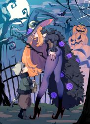 Rule 34 | 1boy, 1girl, ass, basket, big hair, black headwear, black nails, blue eyes, cape, cat tail, child, cloud, flower, full moon, fur cape, halloween, hat, hat flower, high heels, highres, iroyopon, leaning forward, long hair, looking at another, looking down, looking up, moon, nail polish, night, orange hair, original, outdoors, pantyhose, profile, pumpkin, purple eyes, silk, spider web, standing, tail, witch, witch hat