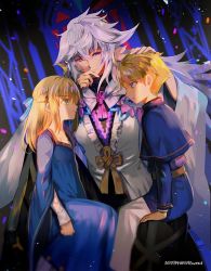 Rule 34 | 1girl, 2017, 2boys, ahoge, arthur pendragon (fate), artoria pendragon (fate), astarone, blonde hair, dated, dress, dual persona, fate/grand order, fate/prototype, fate/stay night, fate (series), green eyes, hair ribbon, hood, long hair, looking at another, merlin (fate/stay night), multiple boys, headpat, ribbon, saber (fate), short hair, sitting, sitting on lap, sitting on person, smile, white hair, aged down