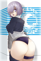 Rule 34 | 1girl, ass, breasts, fate/grand order, fate (series), from behind, glasses, hair over one eye, huri shinji, leotard, mash kyrielight, open mouth, purple eyes, purple hair, shiny skin, short hair, sideboob, solo, surprised, thigh strap