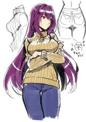 Rule 34 | aono shimo, arms under breasts, bad id, bad twitter id, breasts, casual, crossed arms, denim, fate/grand order, fate (series), hair intakes, jeans, large breasts, long hair, looking to the side, pants, purple hair, red eyes, scathach (fate), sketch, solo, sweater, turtleneck, turtleneck sweater, white background