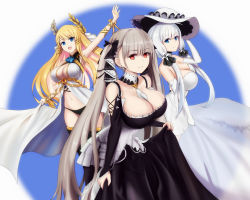 Rule 34 | 3girls, azur lane, bare shoulders, between breasts, black dress, black legwear, black panties, blonde hair, blue background, blue eyes, blue flower, breasts, center opening, chain, cleavage, clothing cutout, dress, elbow gloves, flower, formidable (azur lane), frilled dress, frills, from side, gloves, gold chain, gold trim, gothic lolita, grey hair, hair ribbon, highres, illustrious (azur lane), large breasts, laurel crown, lolita fashion, long hair, looking at viewer, multiple girls, neckwear between breasts, open mouth, panties, red eyes, ribbon, see-through, see-through dress, shoulder cutout, simple background, sleeveless, sleeveless dress, smile, strapless, strapless dress, thighhighs, tress ribbon, twintails, two-tone dress, two-tone ribbon, underwear, very long hair, victorious (azur lane), white background, white dress, white hair, white headwear, yutama